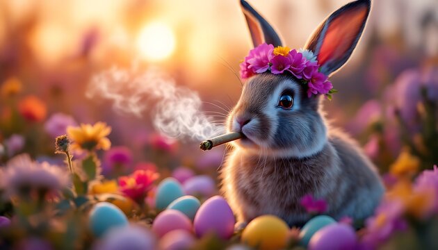 Funny Easter Bunny Smoking Joint in Flower Field Sunset