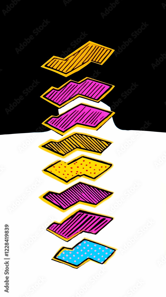 Poster colorful zigzag shapes stacked vertically on a black and white background with various patterns.