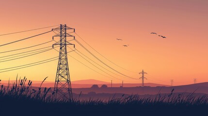 Serene Sunset over Power Lines with Silhouetted Landscape and Birds