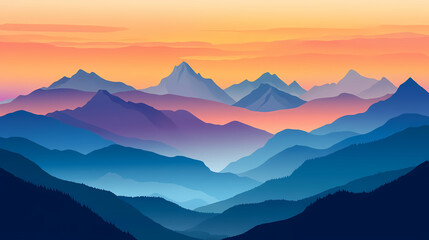 Fototapeta premium Breathtaking twilight landscape featuring majestic mountain peaks shrouded in ethereal colorful clouds serene and peaceful atmosphere with a dramatic moody ambiance. Sunset Ridge. Illustration
