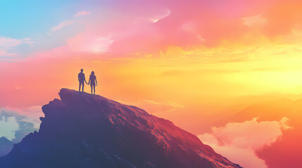 Fototapeta premium Couple standing together on a mountain ridge at sunset with a colorful sky in the background. Sunset Ridge. Illustration