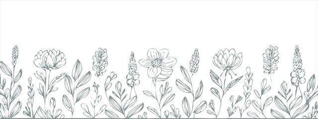 Fototapeta premium Botanical arts. Hand drawn continuous line drawing of abstract flower, floral, rose, tropical leaves, spring and autumn leaf, bouquet of olives. Vector background illustration.