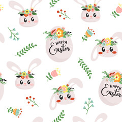 Naklejka premium Happy Easter seamless pattern design. Bunny and Egg with flower crowns in pastel colors.