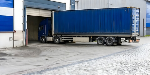 Blue Semi-Truck Exits Loading Dock at Warehouse Efficiently and Safely on a Cloudy Day