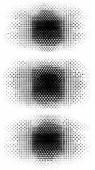 Three Black and White Halftone Dotted Circle Patterns Gradually Fade to White