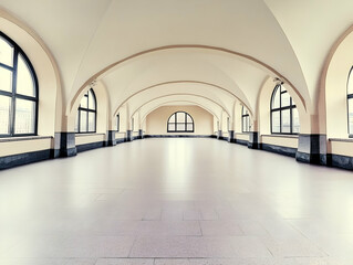 Empty Hallway with Arched Ceilings and Large Windows Brightly Illuminates the Space Elegantly