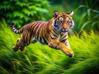 Obraz premium Young Tiger Leaping: Macro Jungle Predator Hunt Action Shot