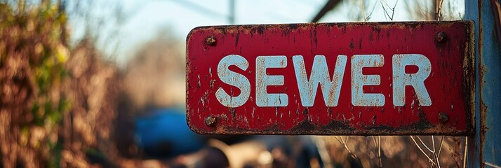 Close-Up of a Weathered Red Metal Sewer Sign in Natural Surroundings with Blurred Background, Illustrating Rustic and Industrial Themes in a Rural Setting