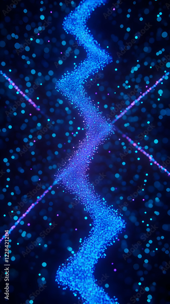 Poster blue particle stream flows through a dark, glittering space with intersecting light beams