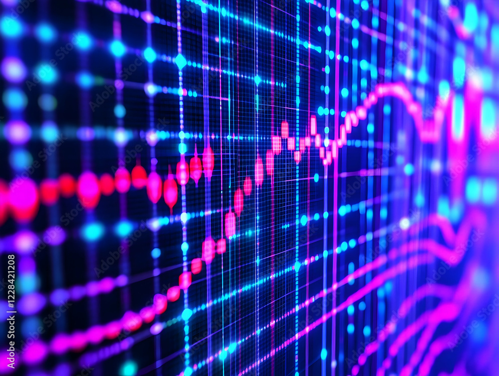 Poster neon glowing grid displays fluctuating data visualizations on a dark background.