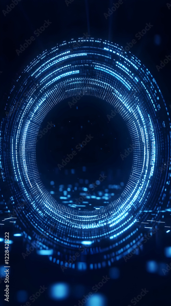Poster abstract digital tunnel rotating with glowing blue particles on a dark background
