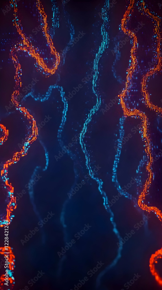 Poster abstract background forms dynamic flowing orange and blue particles in digital space smoothly.