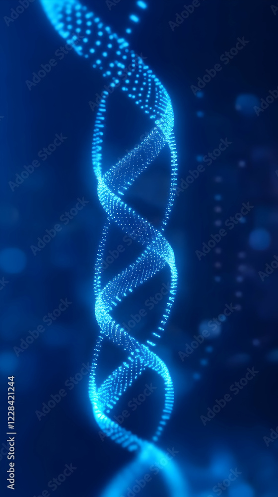 Poster glowing blue dna double helix structure spirals elegantly against dark background with subtle bokeh 
