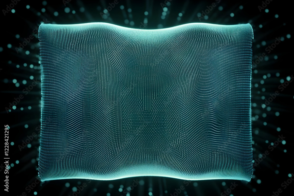 Poster abstract teal mesh gently undulates in a dark space with softly glowing particles