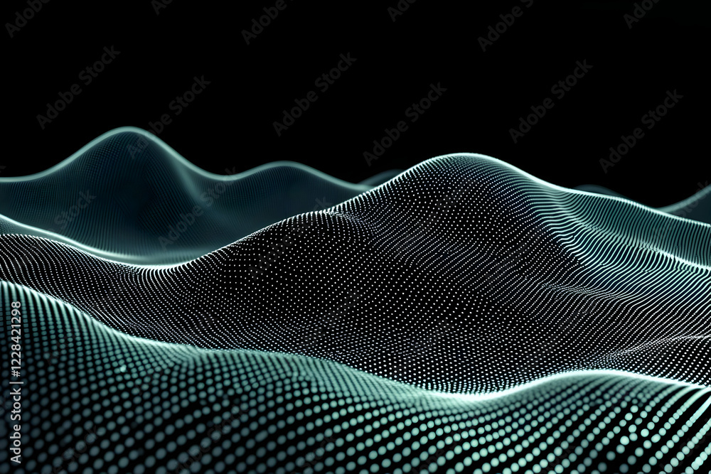 Poster abstract 3d wave of glowing dots flows smoothly in a dark background