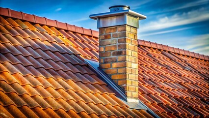 Naklejka premium Zinc Roof Chimney Detail: Portrait Architectural Photography of Tiled Roof with Metal Chimney