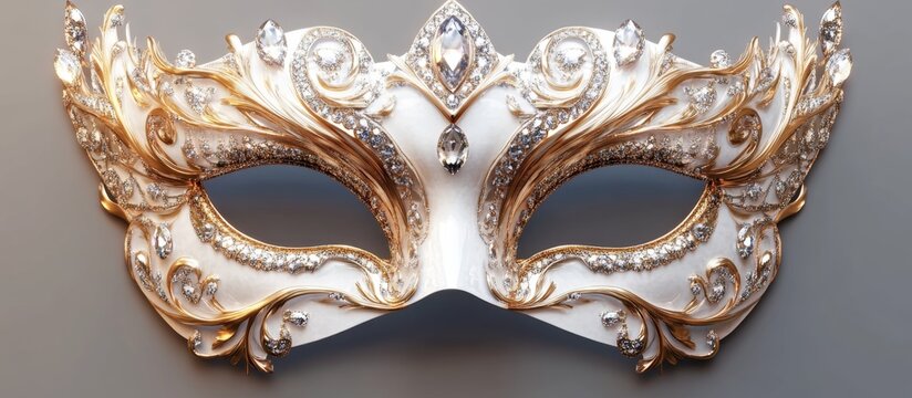 Elegant white gold masquerade mask, gray background, party decor