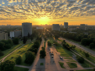 Obraz premium Sunrise illuminates a city park and boulevard with buildings, trees, and a golden sky.