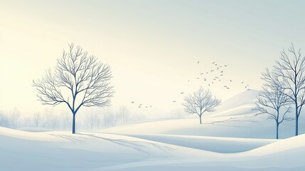 Fototapeta premium Serene Winter Landscape with Bare Trees and Soft Snowy Hills