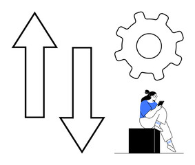 Woman seated, using a tablet, with large up and down arrows and a gear beside her. Ideal for productivity, workflow, strategy planning, efficiency, automation technology and growth. Line metaphor