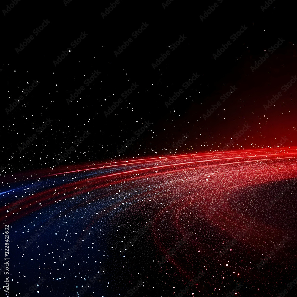 Poster abstract red and blue particles flowing smoothly across a dark background with white dots