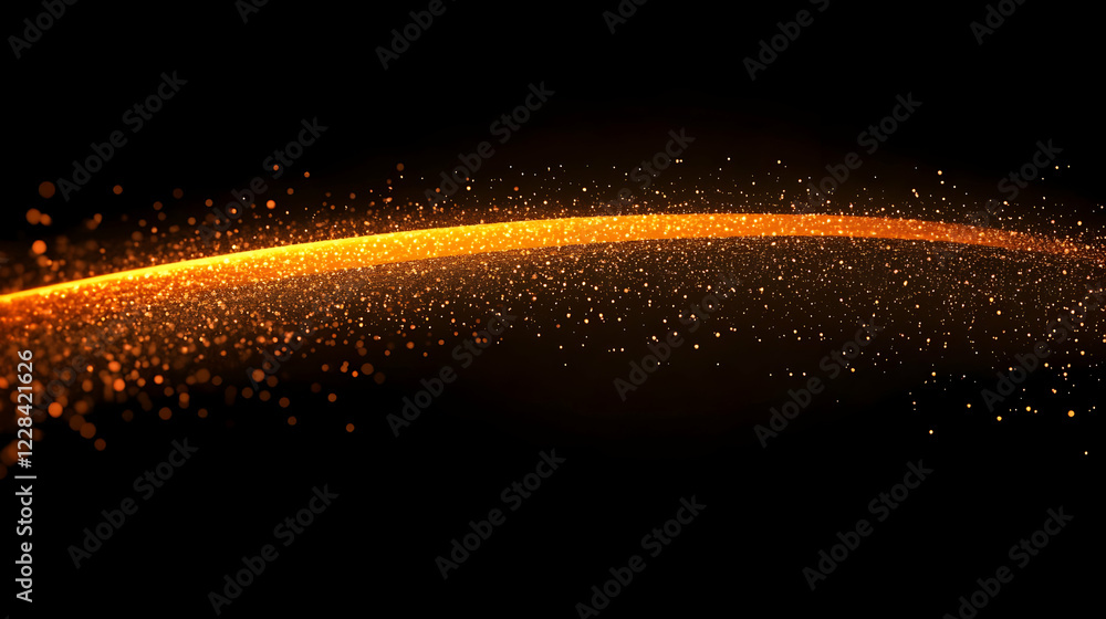 Poster golden glitter wave flows elegantly across a dark background with sparkling particles