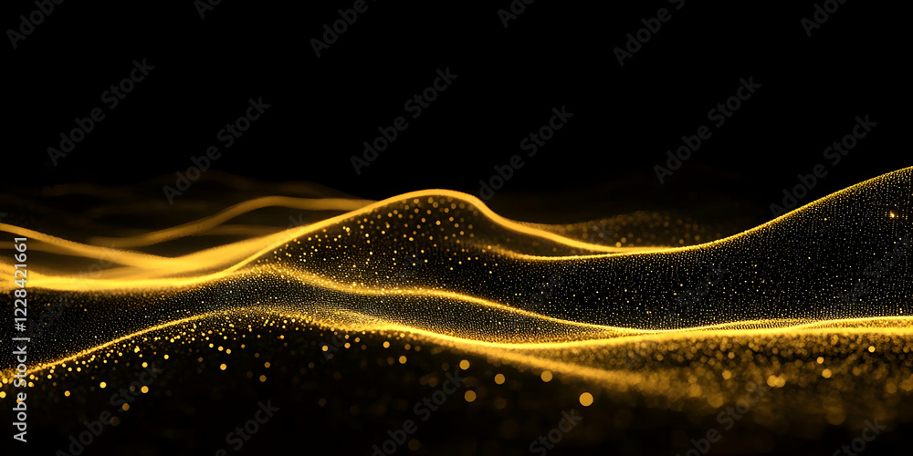 Poster golden particle waves flow elegantly across a dark background abstractly