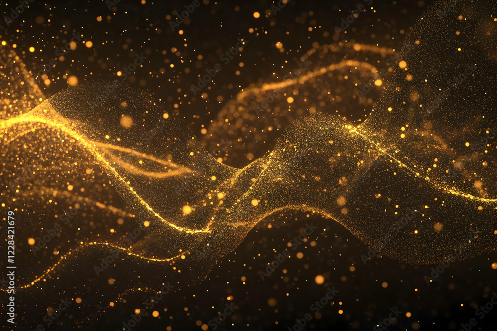 Poster golden particles flowing smoothly in a dark background, creating a luxurious abstract design