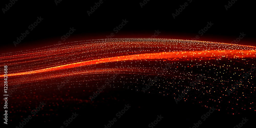 Poster abstract red particles flowing smoothly on a black background with dynamic energy.