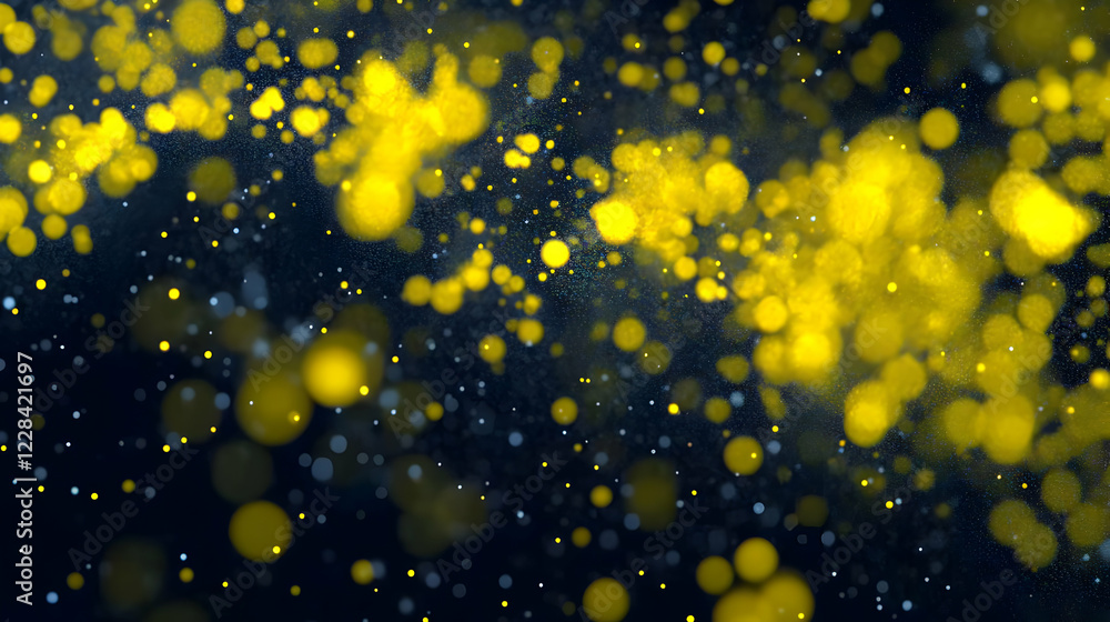 Poster abstract yellow particles floating and glowing softly in the dark background.