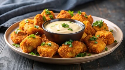 Crispy fried chicken nuggets placed on a plate with a side of creamy garlic sauce drizzled on top