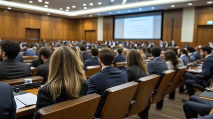 Rows of professionals at a business workshop, seen from the back, paying attention to a presentation in a sleek conference room