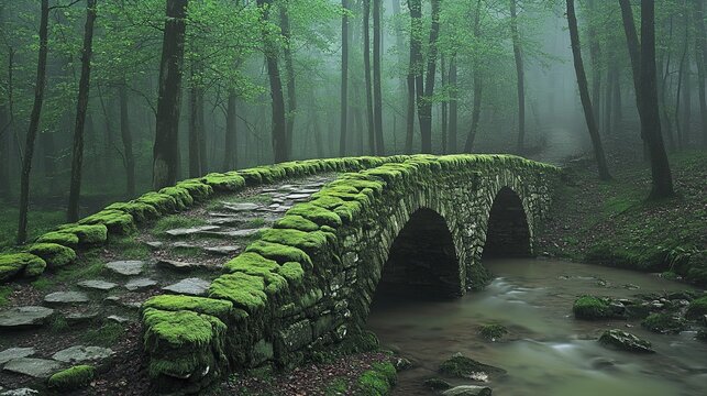 Moss-covered stone bridge over a narrow stream in a dense forest surrounded by misty greenery. Generative AI