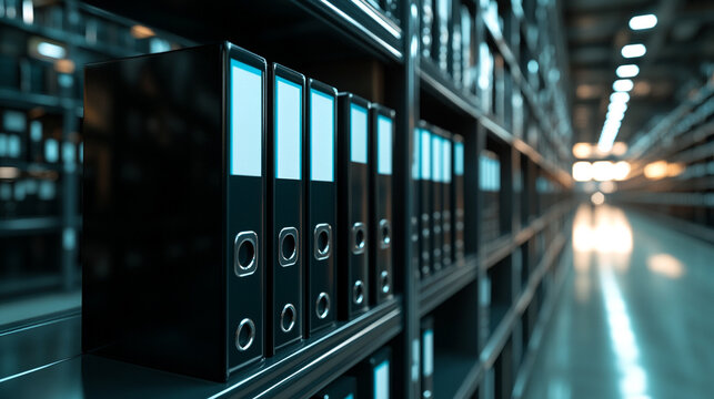 Shelf filled with clean sleek paper organized in archive folders symbolizing systematic data cataloging minimalistic design bright tones modern office blurred background empty caption space

