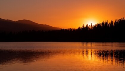 Obraz premium A stunning sunset over a calm lake with silhouettes of trees and mountains reflecting on the water.