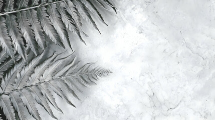 Silver Fern Leaves Arranged Artistically on a White Marble Background for Design Projects
