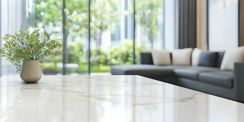 Empty Marble Top Table with Blurred Living Room Background Creates Modern and Minimalist Interior Design Setting.