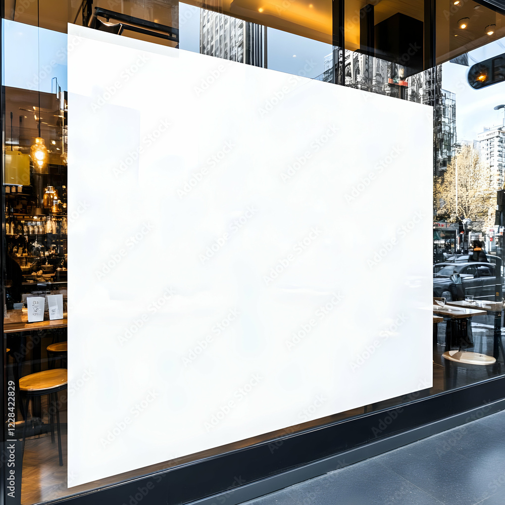 Poster blank white advertisement sign board display shows on a store window with reflections inside