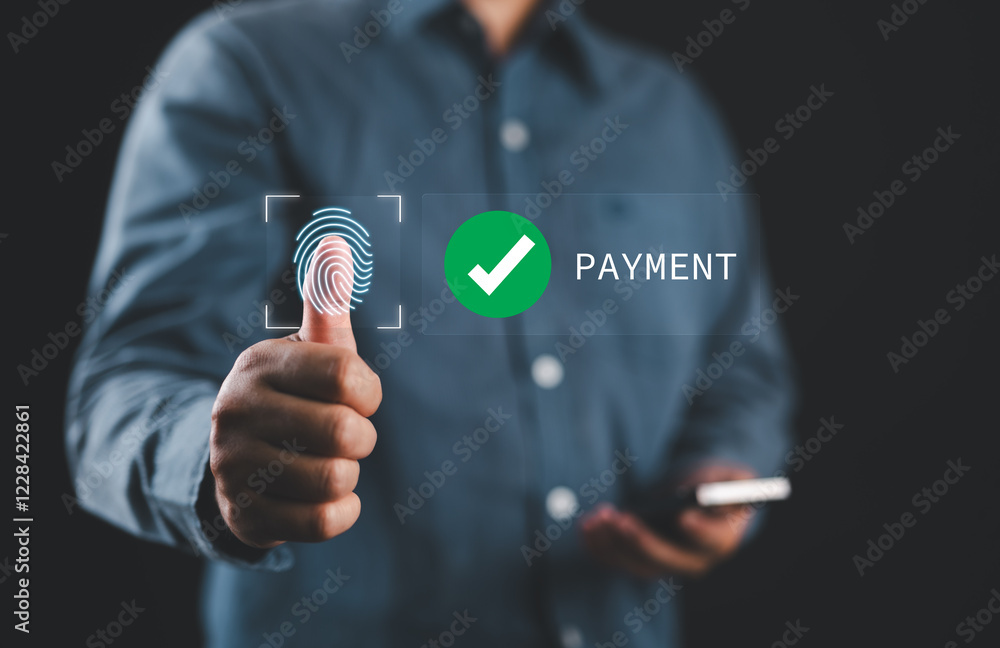 Poster Digital Identity and Mobile Payment Security Protection. Man using fingerprint authentication for secure payment confirmation, showcasing modern technology and biometric innovation.