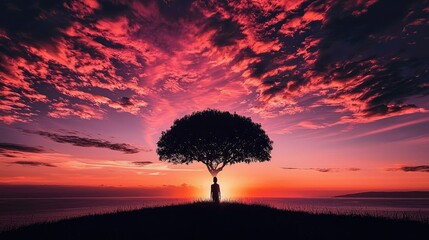 Silhouetted Figure Standing Under Dramatic Tree at Sunset