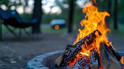 Bright orange flames dance over burning logs in campfire at dusk, with blurred forest background creating cozy outdoor atmosphere. Perfect for camping themes.