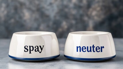 Ceramic bowls with words "spay" and "neuter" promoting pet sterilization