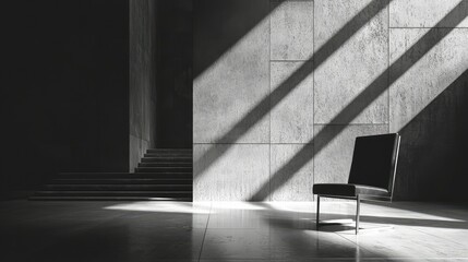 Solitary Chair in Minimalist Space with Dramatic Light and Shadows