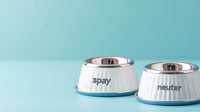 Two pet bowls labeled "spay" and "neuter" on blue background