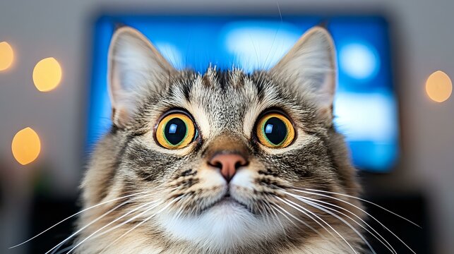 Surprised tabby cat with wide yellow eyes and dilated pupils looking up at camera against blurred bokeh background, showing curious expression.