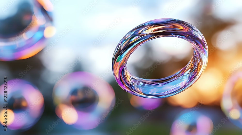 Poster iridescent soap bubble floating in air against blurred background with magical rainbow reflections a