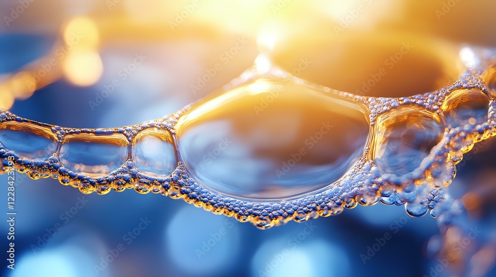 Poster mesmerizing golden soap bubbles macro photography with blue background showing delicate surface tens