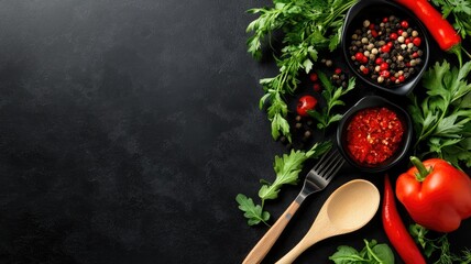 Fresh herbs, spices, and vegetables on dark background