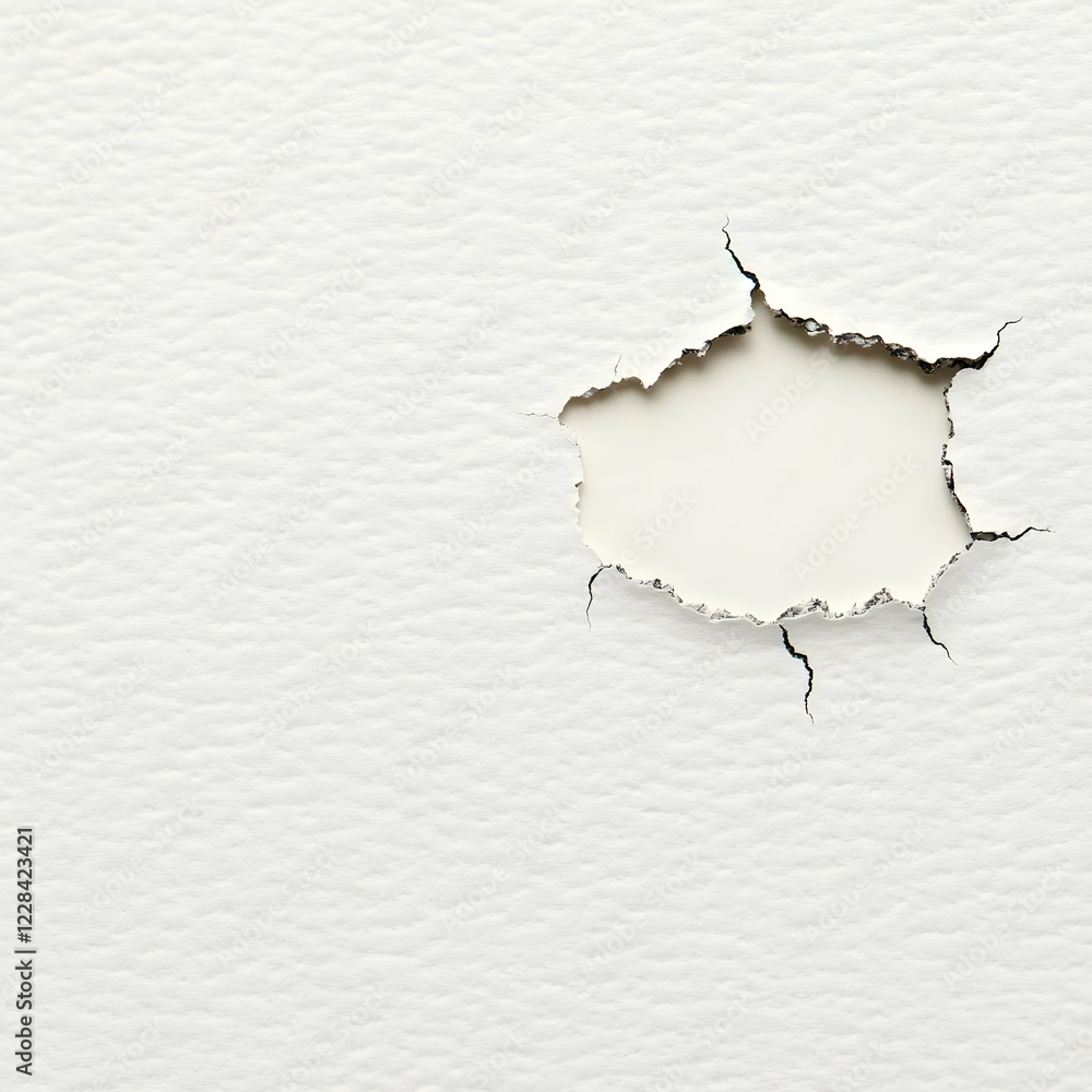 Aufkleber close-up photo of a hole in white textured paper creates an abstract visual with cracks and edges