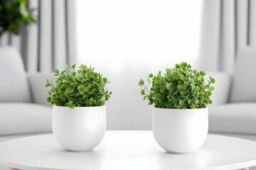 Two Potted Green Plants Sit on a White Table in a Bright, Airy Room Decor.
